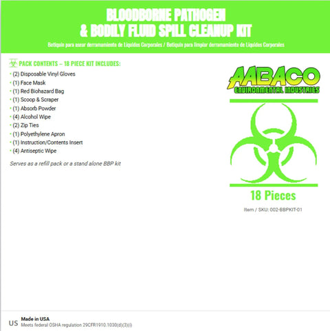 No Sweat Heavy Duty Biohazard Cleanup Kit For Blood And Vomit Fast Acting Solidifier 22 Piece First Response Kit with contents list on green background.