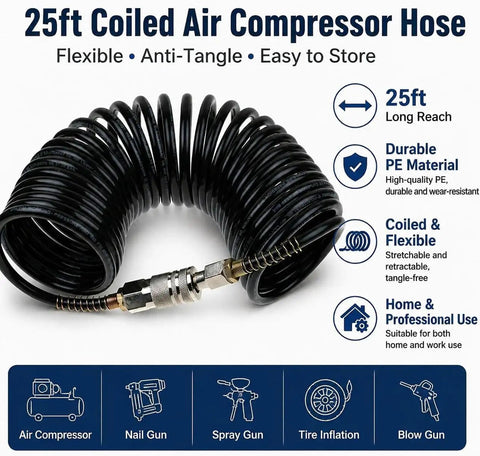 25 Foot Air Compressor Hose With Bend Restrictor And One Quarter Quick Coupler Coiled Flexible Hose With Solid Copper Connectors