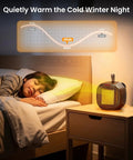 Portable Ceramic Space Heater 1200W With 3 Modes on bedside table, emitting warm light, with sound graph showing 45dB noise level