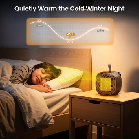 Portable Ceramic Space Heater 1200W With 3 Modes on bedside table, emitting warm light, with sound graph showing 45dB noise level