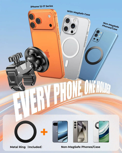 Magnetic Gym Phone Holder With Clamp For Treadmills, fits iPhone 12-17 and most Android phones, with metal ring adapter