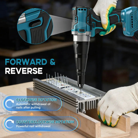 Daspom Brushless Cordless Rivet Gun Compatible With Makita 18V Battery for aluminum and steel with automatic nail withdrawal.