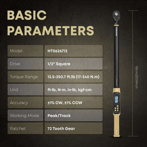 Pro Digital Torque Wrench Half Drive With 12.5 To 250.7 Ft Lb Range Plus Or Minus 1 Percent Accuracy LCD Readout shown with specs