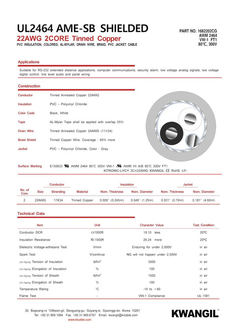 22 AWG 2 Conductor Shielded Cable UL2464 AMESB Shielded Wire For CNC Rigs And VFD Spindles Flexible Stranded Copper With PVC Jacket Drain Wire And TC Braided Shield Gray 25 Feet specification sheet