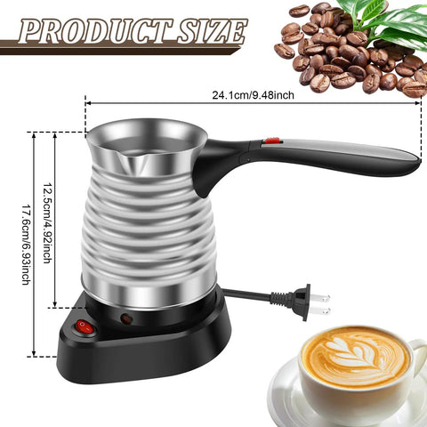 Electric Turkish Coffee Maker 17oz Stainless Steel Pot With Foldable Handle on power base, ergonomic design