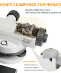 Close-up of 32x Automatic Optical Level with self-leveling magnetic dampened compensator and transport lock feature.