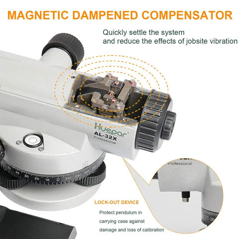 Close-up of 32x Automatic Optical Level with self-leveling magnetic dampened compensator and transport lock feature.