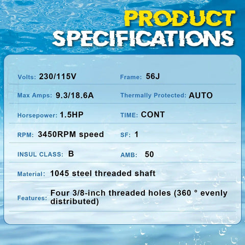 Beefed-Up 1.5 HP Pool Pump Motor 56J Frame 115 230V 3450 RPM Single Speed Direct Replacement specs on water background