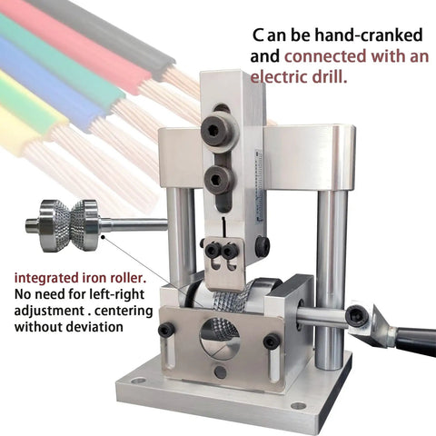 No Sweat Heavy Duty Copper Wire Stripping Machine With Handy Dandy Hand Grip And Power Drill Adapter Slick Aluminum Body front view showing adjustable features.