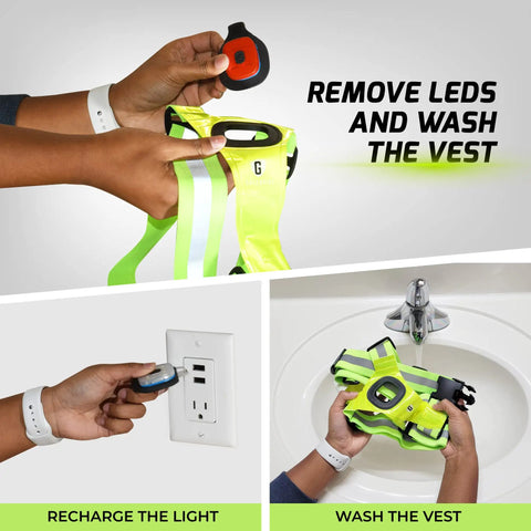 Lit Up Running Vest With 360 Visibility, Reflective Chest And Red Back LED Lights being washed and recharged