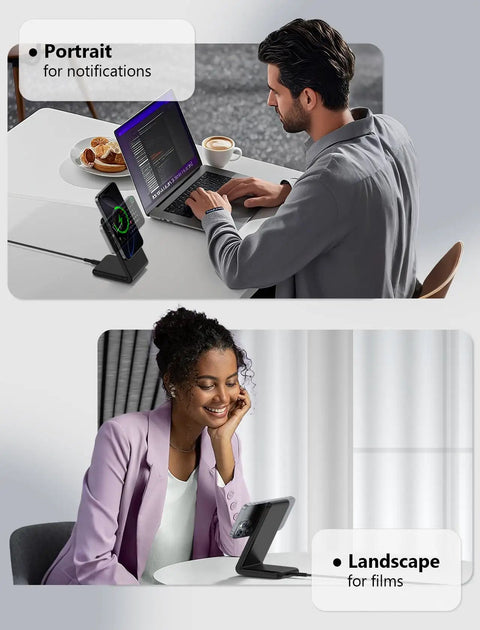 Fast Magnetic Wireless Charger Stand For iPhone 12 Through 17 Series With MagSafe, portrait and landscape view