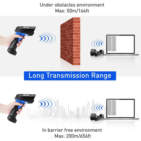 Image illustrating the handheld 1D and 2D wireless barcode scanner that doubles as a portable inventory PDA data collector with long range transmission.