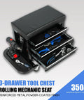 Heavy Duty 3 Drawer Tool Chest Rolling Mechanic Seat With Smooth Roll Tool Trays Ultimate Two In One Shop Stool Hauls 350 Pounds. Black seat with tools in drawers.