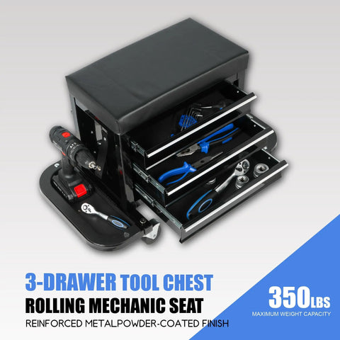 Heavy Duty 3 Drawer Tool Chest Rolling Mechanic Seat With Smooth Roll Tool Trays Ultimate Two In One Shop Stool Hauls 350 Pounds. Black seat with tools in drawers.