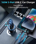 Road Trip Ready PD 3 1 Usb C Fast Car Charger With 140W Max Dual Port Brings Lightning Quick Charge To Your Laptops Phones And Everyday Tech On The Daily Commute in vehicle console with charging cables.