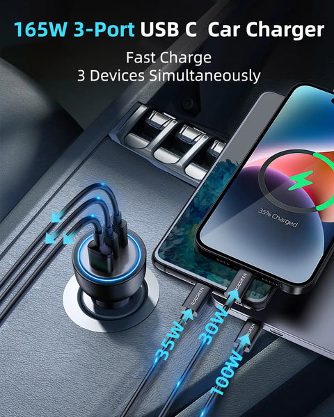Road Trip Ready PD 3 1 Usb C Fast Car Charger With 140W Max Dual Port Brings Lightning Quick Charge To Your Laptops Phones And Everyday Tech On The Daily Commute in vehicle console with charging cables.