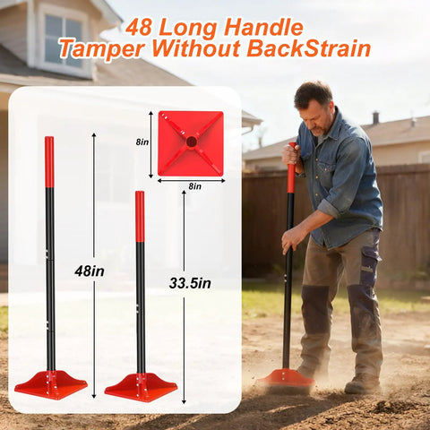 Man using 8 By 8 Inch Steel Tamper Tool With 48 Inch Handle, Heavy Duty Back Saver Hand Compactor For Soil Gravel Dirt And Asphalt