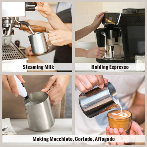Four images of Stainless Steel Milk Frothing Pitcher 6.8oz 200ml With Dripless Spout in different uses for coffee making