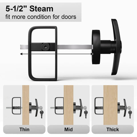 Heavy Duty Shed Door Lock Latch With T Handle showing installation on various door thicknesses, black carbon steel.