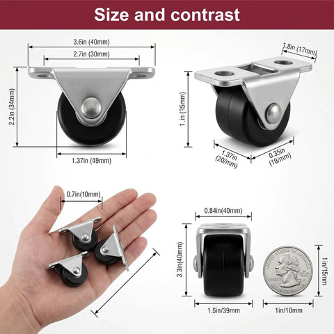 12 Pack Mini Rigid Caster Wheels Low Profile Non Swivel Fixed Casters For Furniture Drawers And Under Bed Storage size comparison with hand and coin.