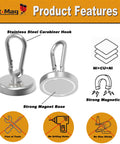 Heavy Duty Magnetic Carabiner Hooks With Neodymium Magnet, 80 Lbs Hold, swivel snap hooks shown with features and benefits.