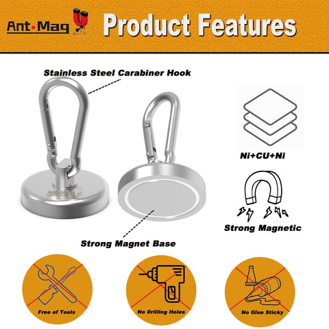 Heavy Duty Magnetic Carabiner Hooks With Neodymium Magnet, 80 Lbs Hold, swivel snap hooks shown with features and benefits.