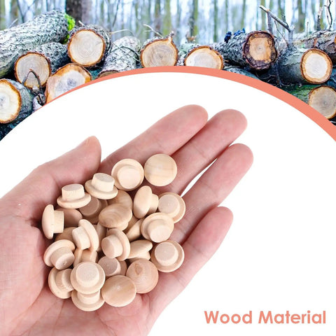 Hand holding 100 Pack Three Eighth Inch Wood Plugs For Screw Holes Mushroom Wood Button Round Head Covers For Hardwood Furniture