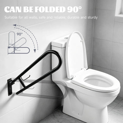 Rock Solid 22.5 Inch Toilet Grab Bar With Non Slip Flip Up Design And Built In Paper Holder Hella Sturdy 304 Stainless Steel Bathroom Safety Rails For Seniors And Heavy Duty Use with 90-degree foldable design near toilet.