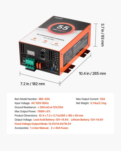 Rock Solid Rv Power Converter And Battery Charger 55 Amp 120V Ac To 12V Dc showcasing dimensions and front panel features.
