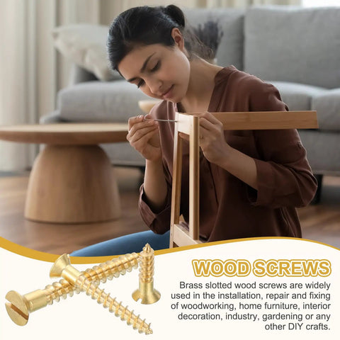 Woman assembling furniture using Brass Slotted Flat Head Wood Screws M5 X 45mm Self Tapping Fasteners Pack of 12.