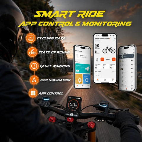 Smart ride app control interface for Heavy Duty 26 Inch Electric Bike With Badass 6000W Dual Motor And 80Ah Battery.