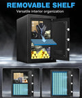 Open 2.5 Cu Ft Home Safe Box, Heavy Duty Steel Digital Lock Security Safe With LED Light, showing removable shelf and valuables