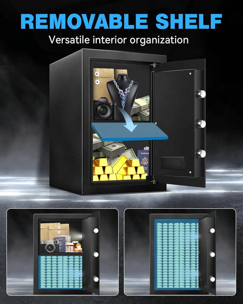 Open 2.5 Cu Ft Home Safe Box, Heavy Duty Steel Digital Lock Security Safe With LED Light, showing removable shelf and valuables