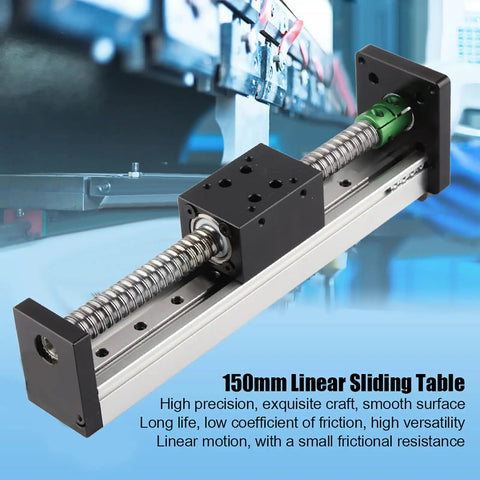 Linear Motion Stage With 150mm Ball Screw Slide And Precision Sliding Table For NEMA 23 Motors, CNC X Y Z Axis Positioning Platform For Milling Machines, Aluminum Body, Smooth Operation, Rock Solid Precision. 150mm linear sliding table shown at angle