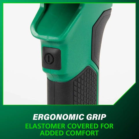 Close-up of ergonomic grip on 18V MultiVolt Cordless LED Flashlight With 250 Lumens High, 120 Lumens Low, Six Angle Settings, showing elastomer cover.