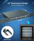 19-inch rackmount design of 26-Port PoE Switch With 24 PoE And PoE Plus Ports And 2 Gigabit Uplink Ports, unmanaged plug-and-play