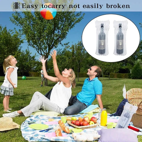 Family picnic with inflatable air column bubble packaging for wine bottle travel protector bags pack with free pump shown
