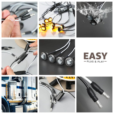 Lit 50 Pack 3/4 Inch Smoked Amber LED Marker Lights with plug, wires, and installation on truck for 12V DC, easy plug & play