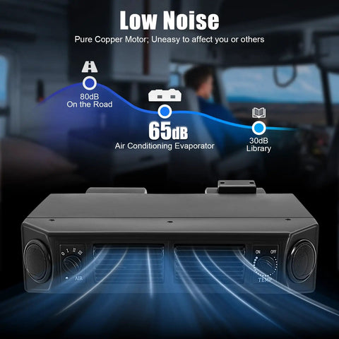 Heavy Duty 12V Under Dash Car Air Conditioner Evaporator With 80W Dual Fans and Three Speed Settings, showcasing low noise operation and controls.