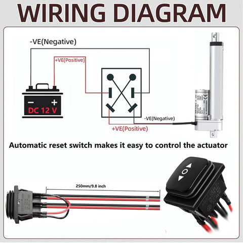 AWINLI 12V linear actuator with switch; silver cylindrical actuator, 150mm stroke, wiring diagram image