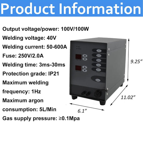 Five In One Jewelry Welder Kit Arc Spot Welder with adjustable 50-600A current, product dimensions and technical specifications visible.