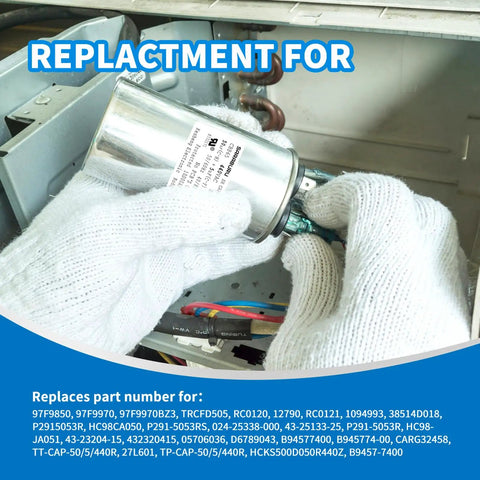 Hands installing CBB65 Dual Run Capacitor 50 Plus 5 UF 370V 440VAC Replacement For Air Conditioner HVAC Condenser And Heat Pump Motors