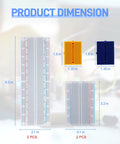 DIY Friendly All In One Breadboard Prototyping Kit With Six Boards Two 830 TP Full Size Two 400 TP Medium And Two 170 TP Mini Color Coded Boards Plus 140 U Shape Jumpers And 130 Flexible Wires For Arduino Raspberry Pi STEM Projects, showing product dimensions