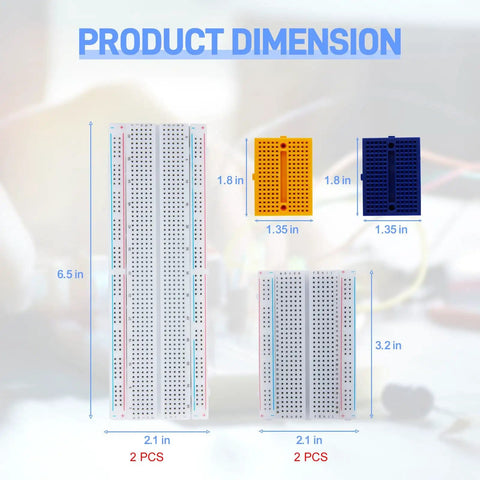 DIY Friendly All In One Breadboard Prototyping Kit With Six Boards Two 830 TP Full Size Two 400 TP Medium And Two 170 TP Mini Color Coded Boards Plus 140 U Shape Jumpers And 130 Flexible Wires For Arduino Raspberry Pi STEM Projects, showing product dimensions