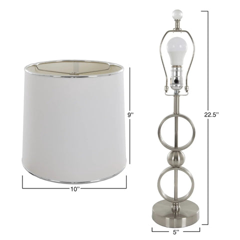 Table lamp part of Three Piece Sleek Modern Brushed Steel Lamp Set For Living Room with white drum shade, chrome edging, 22.5 inches high
