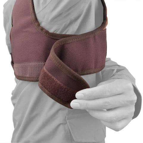 Adjustable Rifle And Shotgun Field Shield Recoil Pad With Leather Shirt Vest, shown secure on shoulder with adjustable strap