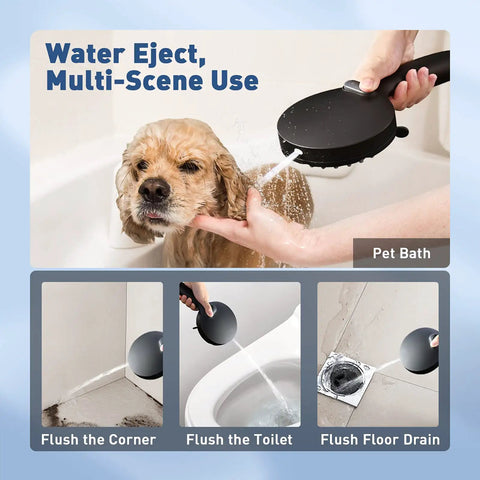 Matte Black Shower Head With 7 Settings And Built In Power Wash Handheld Spray used for pet bath, corner, toilet, floor cleaning.