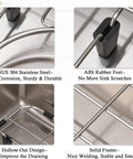 Close-ups of Stainless Steel Sink Grids Set of 2, 13 x 11-5/8 Inches, detailing rubber feet and solid frame for scratch protection.