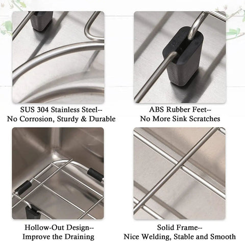 Close-ups of Stainless Steel Sink Grids Set of 2, 13 x 11-5/8 Inches, detailing rubber feet and solid frame for scratch protection.