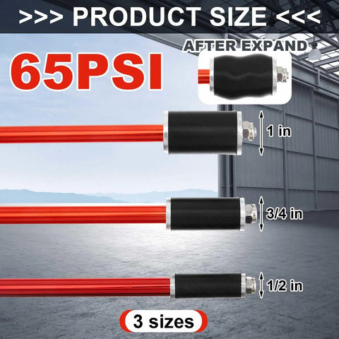 Water Stopper Pipe Plug Tool Kit For One Half Inch Three Quarter Inch And One Inch Pipes With Replacement Gaskets And Nuts For Fast Copper And PVC Water Line Repairs 65 Psi High Pressure Leak Stop System No Drainage showing three size options.